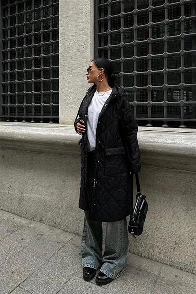 Fermuar Ve Kapşonlu Uzun Kapitone Mont 7062 - 4