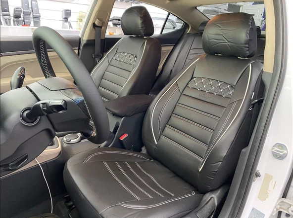 KAREN DERİ KOLTUK KILIFI SERİSİ SİYAH-BEYAZ İPLİ HT602 ürün görseli 1