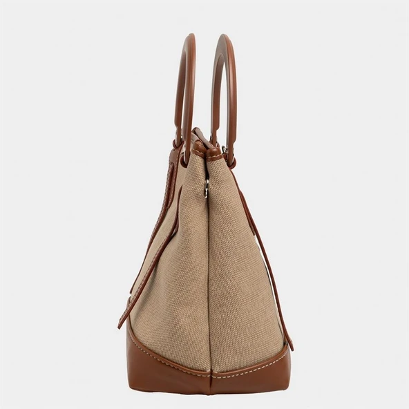 Classy Mini Keten Kadın Çanta Taba - Resim 3