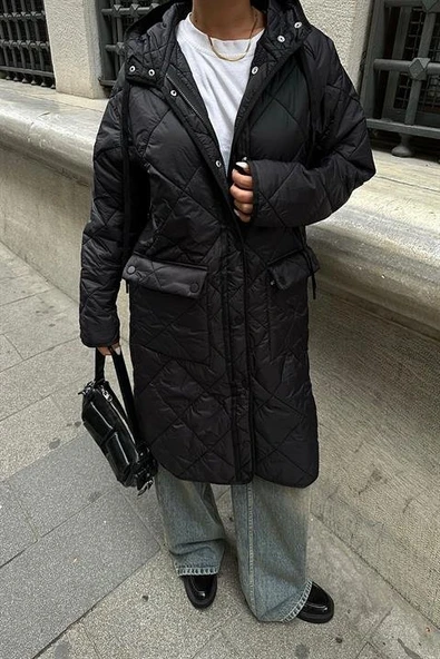 Fermuar Ve Kapşonlu Uzun Kapitone Mont 7062 - 3