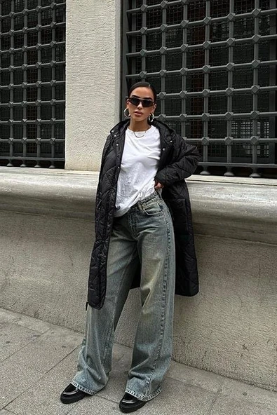 Fermuar Ve Kapşonlu Uzun Kapitone Mont 7062 - 7