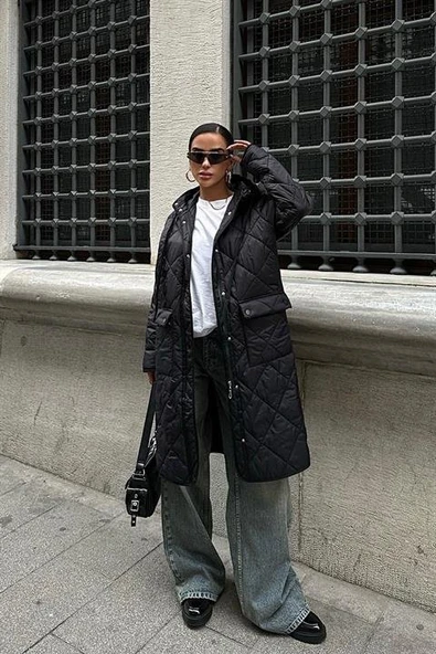 Fermuar Ve Kapşonlu Uzun Kapitone Mont 7062 - 6