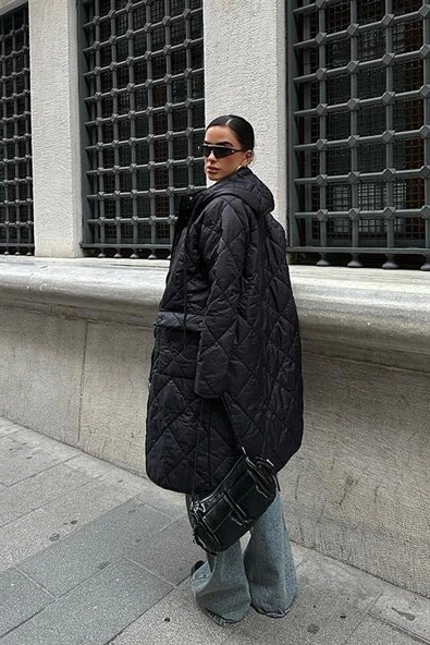 Fermuar Ve Kapşonlu Uzun Kapitone Mont 7062 - 5