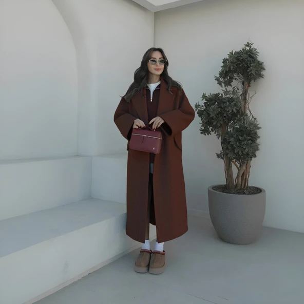 Kışlık Astarlı Detaylı Kadın Kaşmir Kaban - Resim 2