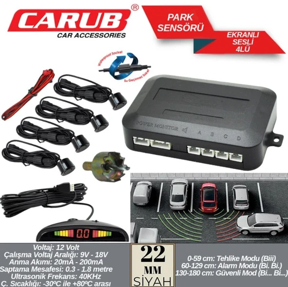CARUB Park Sensörü Ekranlı Sesli 22mm  Siyah ürün görseli 1