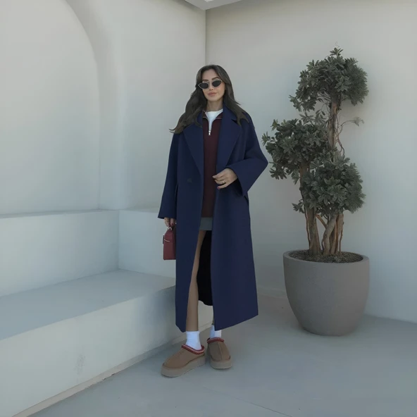 Kışlık Astarlı Sırtı Detaylı Kadın Kaşmir Kaban - Resim 2