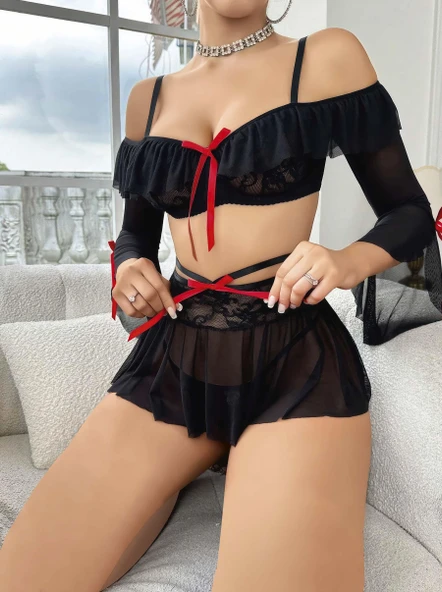 Kadın Siyah Etek Bustiyer Sexy Gecelik Takım 2157 - Resim 3