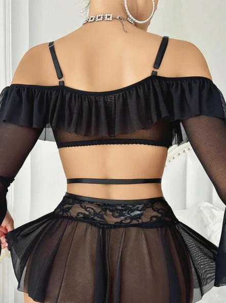 Kadın Siyah Etek Bustiyer Sexy Gecelik Takım 2157 - Resim 2