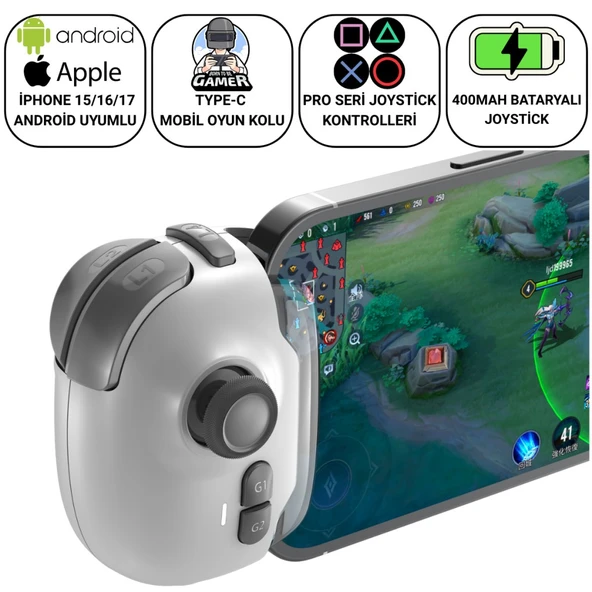 Polham iOS & Android Uyumlu Type-C Mobil Oyun Kolu | Pro Joystick | 400mAh Bataryalı Gamepad, Tak Çalıştır