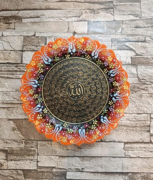 Esmaül Hüsna Çini El Yapımı Tabak Seramik 25 cm Allahın 99 ismi Duvar Süsü