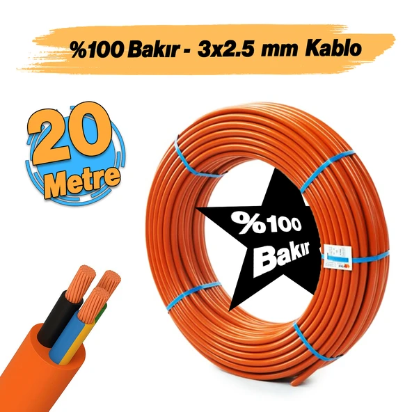 (20 Metre) %100 Bakır Çok Telli 3x2.5 mm Elektrik Kablosu Turuncu Elektrikli Araç Şarj Uygun Uyumlu - 3