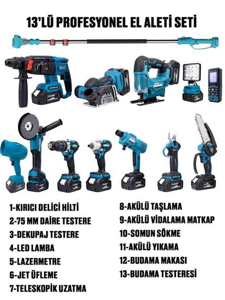Germany Style DawreekTech 13'Lü Teleskopik Set Kömürsüz Matkap-Taşlama-Üflem-,Bijon Sökme-Testere-Makas-Dekupaj-Kırıcı - 3