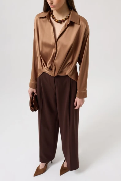 Bel Büzgülü Crop Saten Gömlek - 4