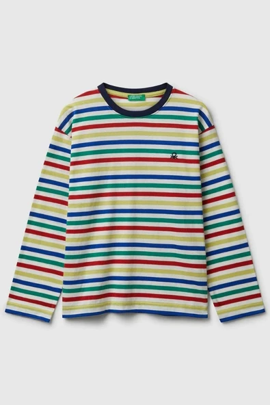 United Colors of Benetton Erkek Çocuk 3FNLC10QB-25K  Uzun Kol Çizgili Tshirt Beyaz - 1