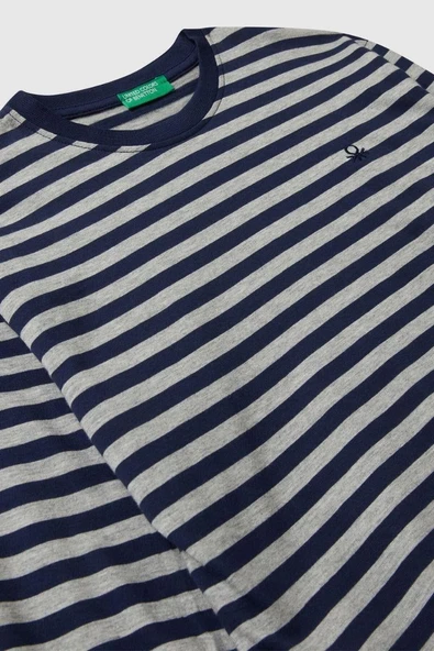 United Colors of Benetton Erkek Çocuk 3FNLC10QB-25K  Uzun Kol Çizgili Tshirt Gri - Resim 3