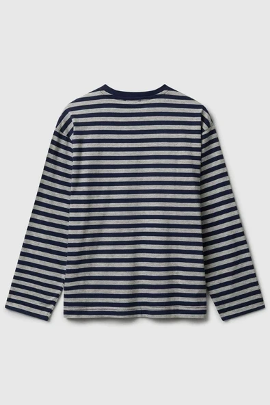 United Colors of Benetton Erkek Çocuk 3FNLC10QB-25K  Uzun Kol Çizgili Tshirt Gri - Resim 2