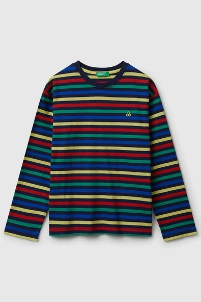 United Colors of Benetton Erkek Çocuk 3FNLC10QB-25K  Uzun Kol Çizgili Tshirt Lacivert ürün görseli 1