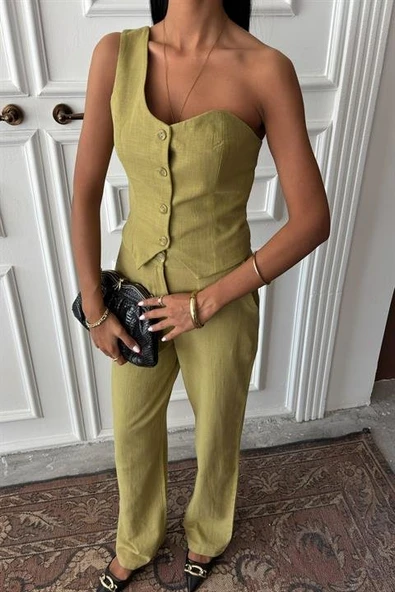 Tek Omuz Büstiyer Plazzo Pantolon Viscon Takım 10159 - Resim 5