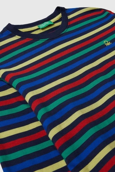 United Colors of Benetton Erkek Çocuk 3FNLC10QB-25K  Uzun Kol Çizgili Tshirt Lacivert - Resim 3