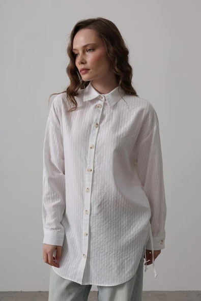 Yan Büzmeli Tunik Gömlek - Beyaz - Resim 6