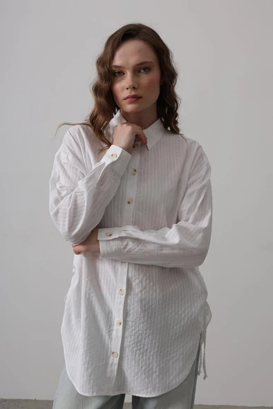 Yan Büzmeli Tunik Gömlek - Beyaz - Resim 7