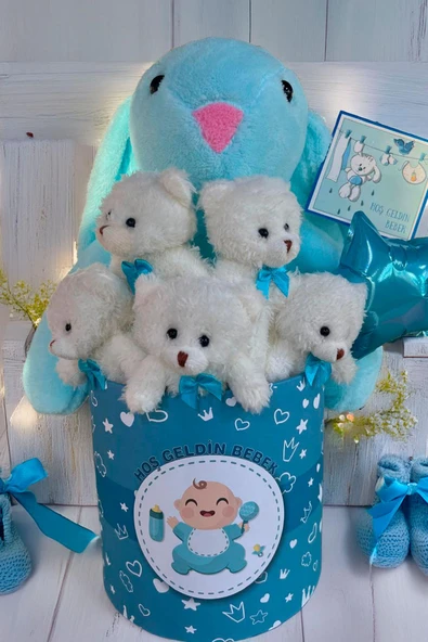 Hoşgeldin Bebek Temalı, Uyku Arkadaşı Tavşan ile  LED Işıklı Yumoş Peluş Ayıcık Buketi, Yenidoğan-Babyshower ÖZEL - Resim 5