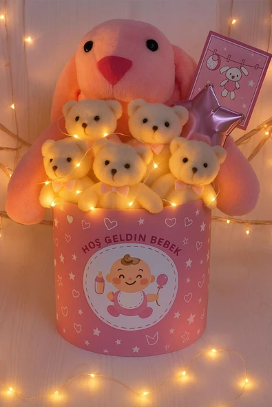 Hoşgeldin Bebek Temalı, Uyku Arkadaşı Tavşan ile  LED Işıklı Yumoş Peluş Ayıcık Buketi, Yenidoğan-Babyshower ÖZEL - Resim 7
