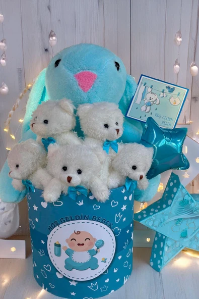 Hoşgeldin Bebek Temalı, Uyku Arkadaşı Tavşan ile  LED Işıklı Yumoş Peluş Ayıcık Buketi, Yenidoğan-Babyshower ÖZEL - Resim 4