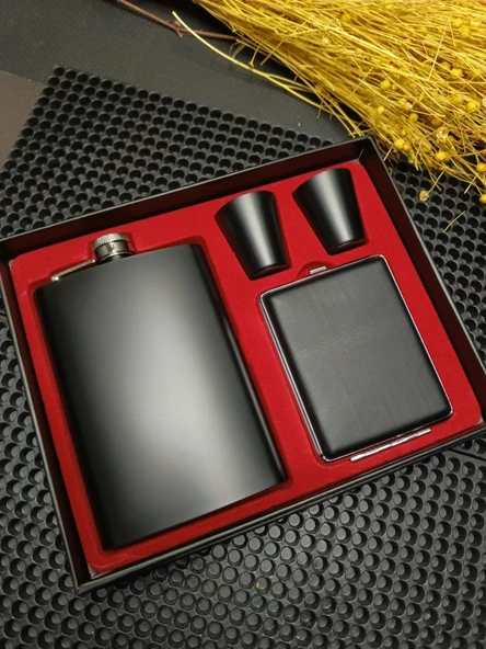 Siyah Paslanmaz Çelik 2 Shot Bardak Ve Sigara Tabakalı Matara Seti