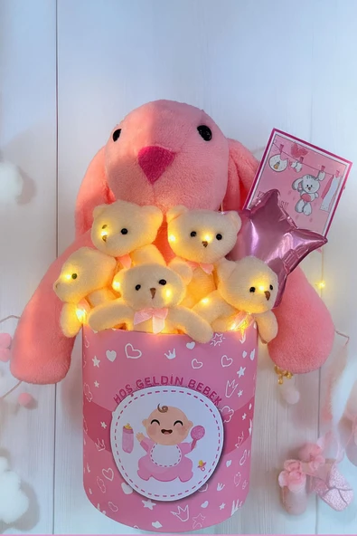Hoşgeldin Bebek Temalı, Uyku Arkadaşı Tavşan ile  LED Işıklı Yumoş Peluş Ayıcık Buketi, Yenidoğan-Babyshower ÖZEL - Resim 9