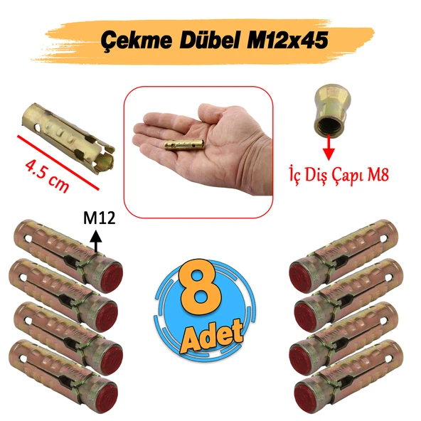 Tapalı Çekme Çelik Dübel M12x45 mm Genleşmeli İç Diş M8 Montaj Bağlantı Aparat 8 Adet - Resim 2