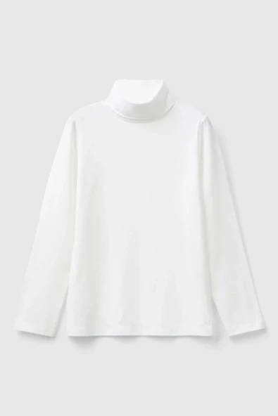 United Colors of Benetton Kız Çocuk 3P4ZC202N-25K Uzun Kol Boğazlı Tshirt Beyaz - 1