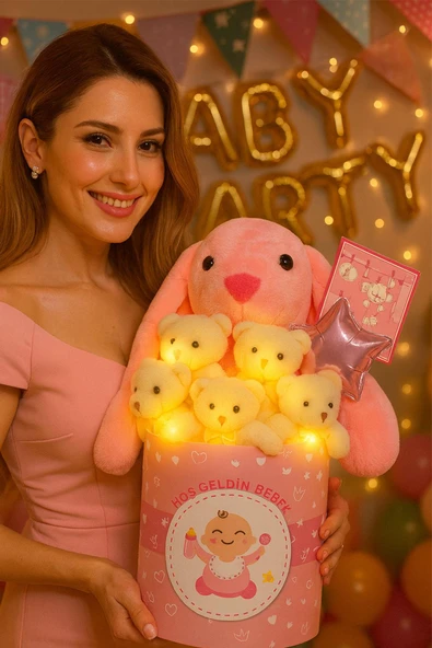 Hoşgeldin Bebek Temalı, Uyku Arkadaşı Tavşan ile  LED Işıklı Yumoş Peluş Ayıcık Buketi, Yenidoğan-Babyshower ÖZEL - Resim 6