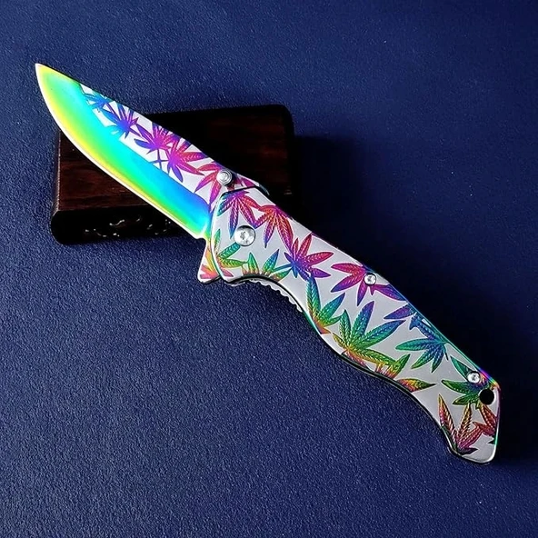 AlsepeteAvm GökkuşağI Yaprak Desenli Yarı Auto Kamp Çakısı ürün görseli 1