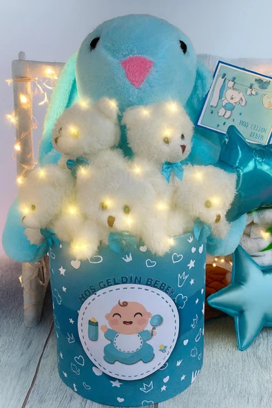 Hoşgeldin Bebek Temalı, Uyku Arkadaşı Tavşan ile  LED Işıklı Yumoş Peluş Ayıcık Buketi, Yenidoğan-Babyshower ÖZEL - Resim 3