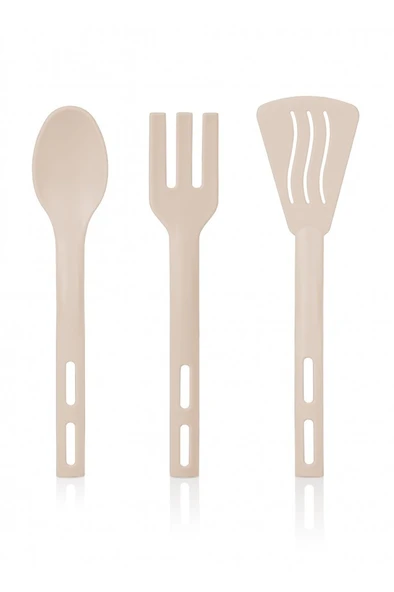 3lü Mini Plastik Spatula Kaşık Çatal Servis Seti Takımı Krem - 1