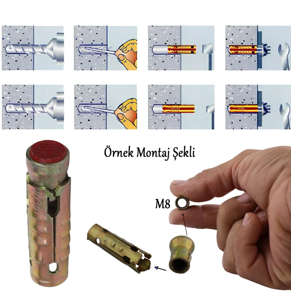 Tapalı Çekme Çelik Dübel M12x45 mm Genleşmeli İç Diş M8 Montaj Bağlantı Aparat 8 Adet - Resim 4