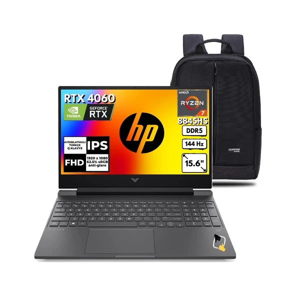 Victus Gaming Laptop 15-FB3008NT Amd Ryzen 7-8845HS 32GB 512GB RTX4060 144Hz 15.6 Windows 11 Pro B82N5EA+SNERTECH Çanta ürün görseli