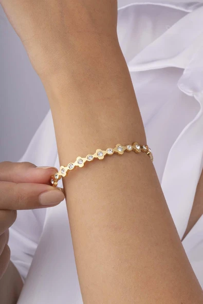 Gümüş Pazarım Sıra Taşlı Altın Kaplama Kadın Çelik Kelepçe Bileklik - Resim 2