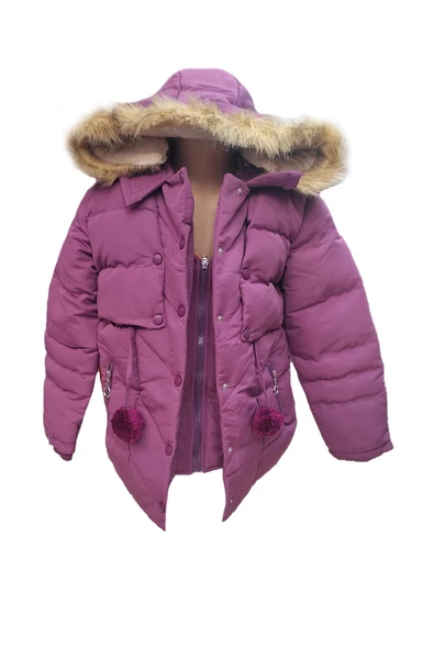 Kız Çocuk Önü Fermuarlı ve Çıt Çıtlı Ponpon Detaylı Çıkarılabilir Tüylü Kapüşonlu Peluş Astarlı Mont 3018 - 7