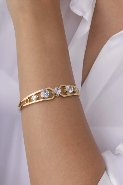 Gümüş Pazarım Elmas Model Altın Kaplama Kadın Çelik Kelepçe Bileklik ürün görseli 1