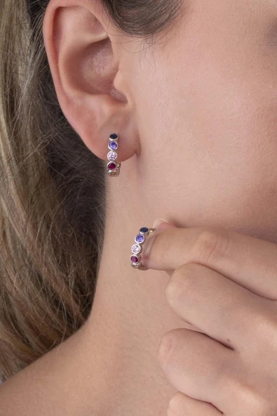 Gümüş Pazarım Yuvarlak Taşlı Renkli Kadın Halka Gümüş Küpe