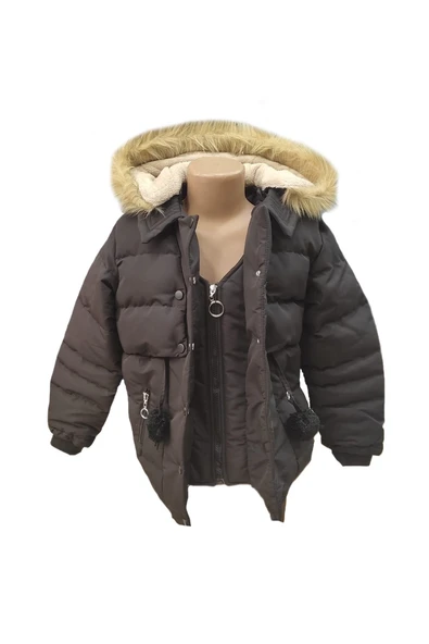 Kız Çocuk Önü Fermuarlı ve Çıt Çıtlı Ponpon Detaylı Çıkarılabilir Tüylü Kapüşonlu Peluş Astarlı Mont 3018 - 4