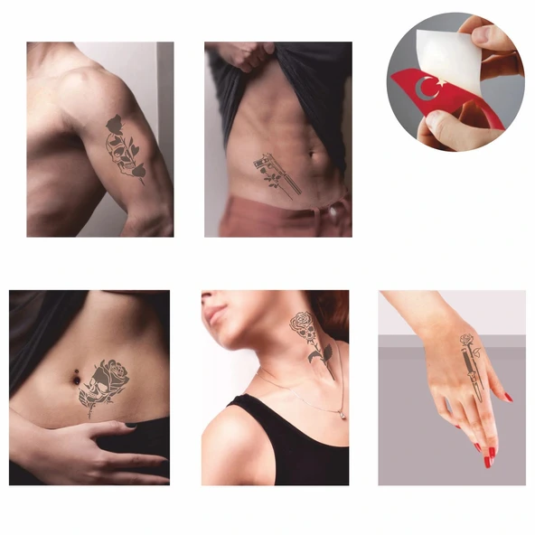 Gizemli Desenler Kuru Kafa Gül Geçici Dövme Şablonu Seti - 2