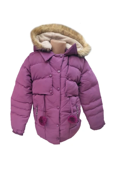 Kız Çocuk Önü Fermuarlı ve Çıt Çıtlı Ponpon Detaylı Çıkarılabilir Tüylü Kapüşonlu Peluş Astarlı Mont 3018 - 6