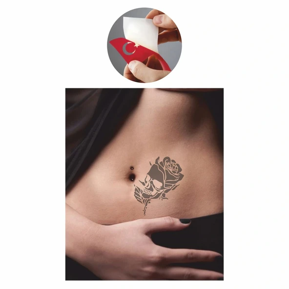 Kara Güllü İskelet Tattoo Geçici Dövme Şablonları Kına Kalıpları - Resim 2