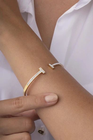 Gümüş Pazarım Zirkon Taşlı Tek Sıra Altın Kaplama Kadın Çelik Kelepçe Bielklik - Resim 3