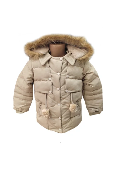 Kız Çocuk Önü Fermuarlı ve Çıt Çıtlı Ponpon Detaylı Çıkarılabilir Tüylü Kapüşonlu Peluş Astarlı Mont 3018 - 2