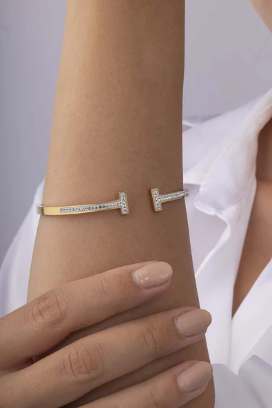 Gümüş Pazarım Zirkon Taşlı Tek Sıra Altın Kaplama Kadın Çelik Kelepçe Bielklik ürün görseli 1