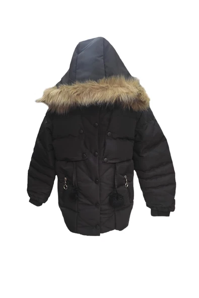 Kız Çocuk Önü Fermuarlı ve Çıt Çıtlı Ponpon Detaylı Çıkarılabilir Tüylü Kapüşonlu Peluş Astarlı Mont 3018 - 3
